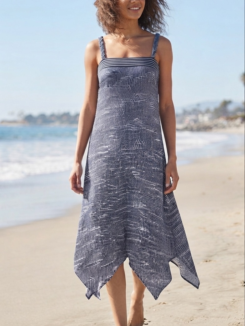 Prana Navy and White Handkerchief-Hem Sundress Adjustable Straps
